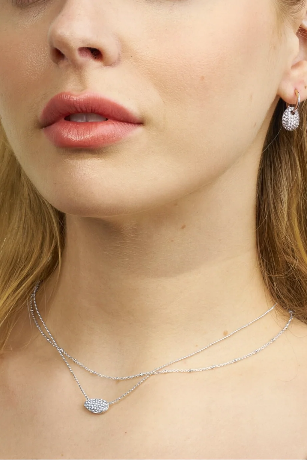 Ulani Look of Layered Necklace in Silver with Pavé Pendant