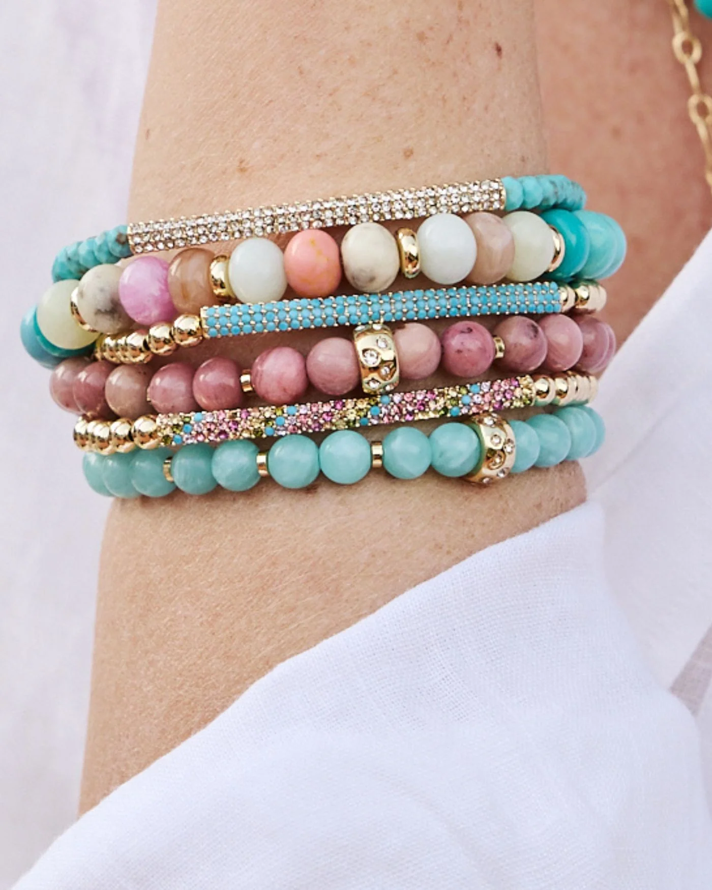 Tribute Beaded Stretch Bracelet in Gold with Rainbow Pavé Bar