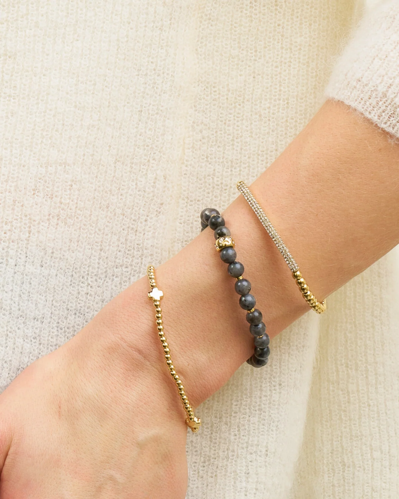 Cross Beaded Stretch Bracelet in Gold or Rhodium Dip